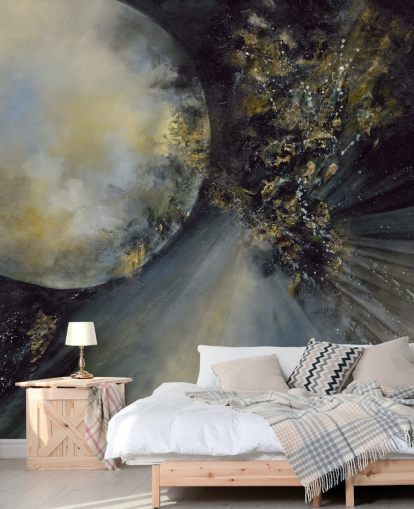 gold, black and white abstract wallpaper mural called Talking to the Moon by Alison Johnson for bedrooms