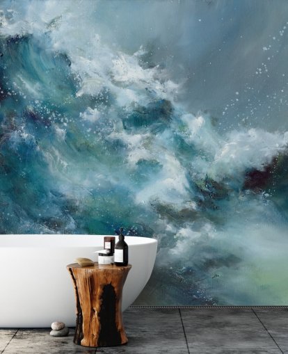 blue and white custom abstract ocean wallpaper mural called Fountain of Life by Alison Johnson