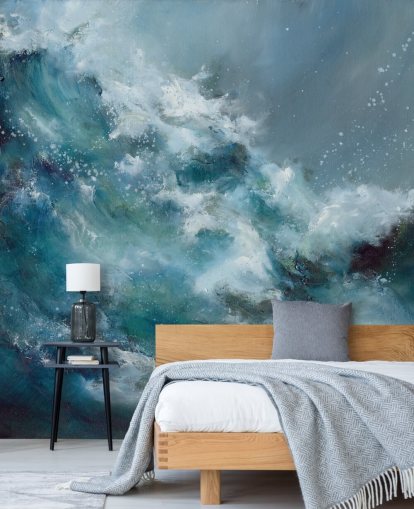 blue and white custom abstract ocean wallpaper mural called Fountain of Life by Alison Johnson