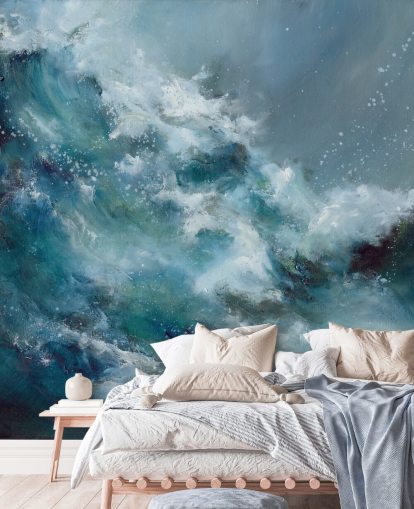 blue and white custom abstract ocean wallpaper mural called Fountain of Life by Alison Johnson