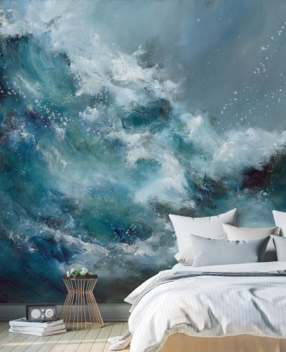 mural de papel pintado de océano abstracto personalizado en blanco y azul llamado Fountain of Life de Alison Johnson