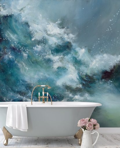 blue and white custom abstract ocean wallpaper mural called Fountain of Life by Alison Johnson