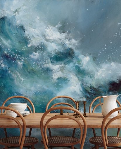 mural de papel de parede oceânico abstrato personalizado em azul e branco chamado Fountain of Life, de Alison Johnson