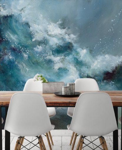 blue and white custom abstract ocean wallpaper mural called Fountain of Life by Alison Johnson