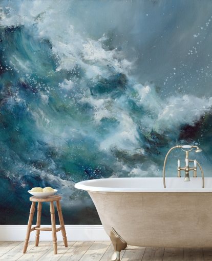 blaues und weißes kundenspezifisches abstraktes Ozeantapeten-Wandbild namens Fountain of Life von Alison Johnson