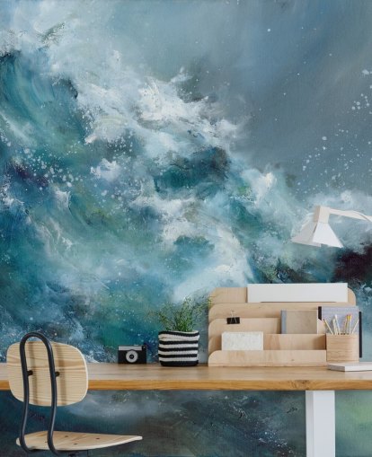 mural de papel pintado de océano abstracto personalizado en blanco y azul llamado Fountain of Life de Alison Johnson