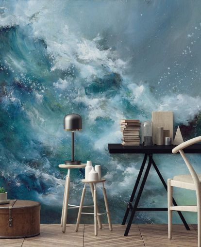 blue and white custom abstract ocean wallpaper mural called Fountain of Life by Alison Johnson