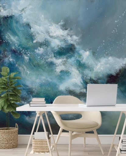blue and white custom abstract ocean wallpaper mural called Fountain of Life by Alison Johnson