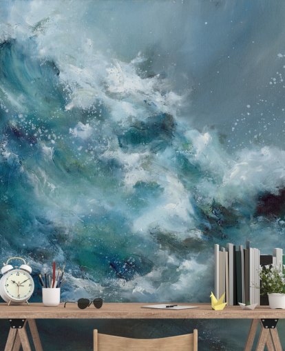 carta da parati murale astratta personalizzata blu e bianca chiamata Fountain of Life di Alison Johnson