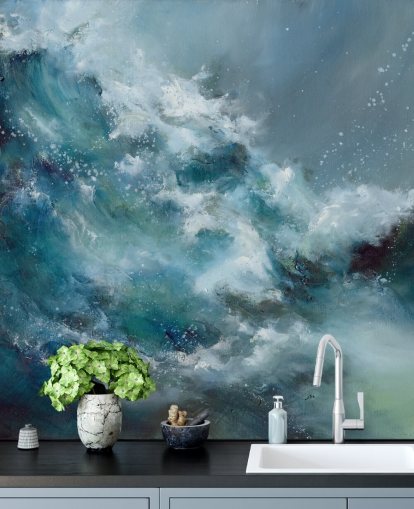 papier peint mural abstrait personnalisé bleu et blanc appelé Fountain of Life par Alison Johnson papier peint mural abstrait personnalisé bleu et blanc appelé Fountain of Life par Alison Johnson