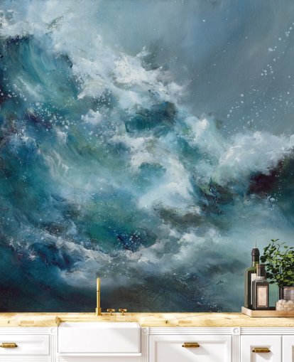 mural de papel de parede oceânico abstrato personalizado em azul e branco chamado Fountain of Life, de Alison Johnson