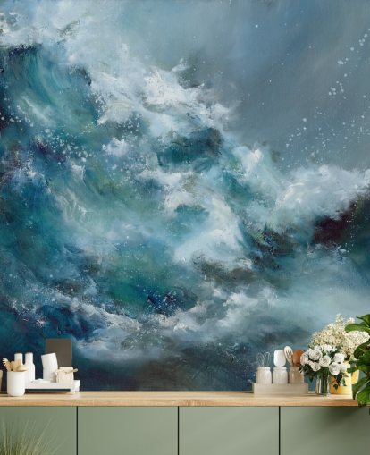 blue and white custom abstract ocean wallpaper mural called Fountain of Life by Alison Johnson
