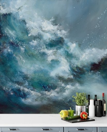 blaues und weißes kundenspezifisches abstraktes Ozeantapeten-Wandbild namens Fountain of Life von Alison Johnson