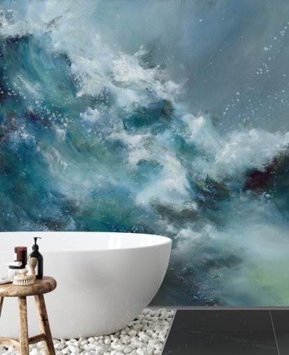 blauw-witte op maat gemaakte abstracte oceaanbehangmuurschildering genaamd Fountain of Life van Alison Johnson blauw-witte op maat gemaakte abstracte oceaanbehangmuurschildering genaamd Fountain of Life van Alison Johnson