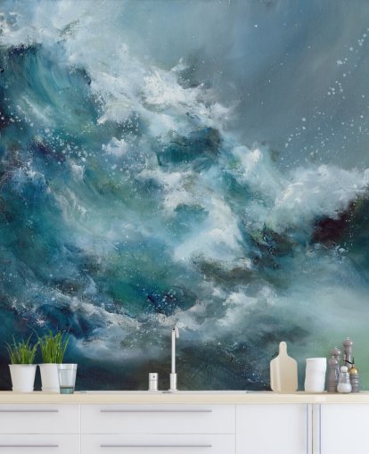 blå og hvid brugerdefineret abstrakt havtapet vægmaleri kaldet Fountain of Life af Alison Johnson blå og hvid brugerdefineret abstrakt havtapet vægmaleri kaldet Fountain of Life af Alison Johnson