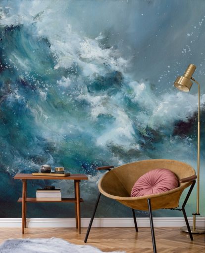 mural de papel de parede oceânico abstrato personalizado em azul e branco chamado Fountain of Life, de Alison Johnson