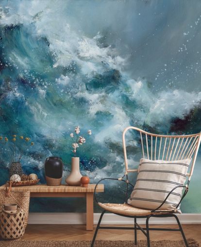 blauw-witte op maat gemaakte abstracte oceaanbehangmuurschildering genaamd Fountain of Life van Alison Johnson