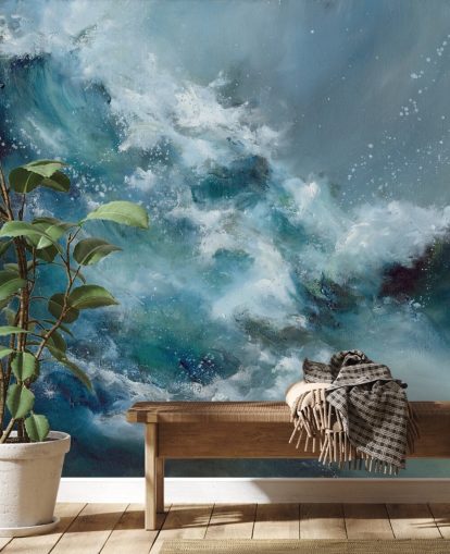 blaues und weißes kundenspezifisches abstraktes Ozeantapeten-Wandbild namens Fountain of Life von Alison Johnson blaues und weißes kundenspezifisches abstraktes Ozeantapeten-Wandbild namens Fountain of Life von Alison Johnson