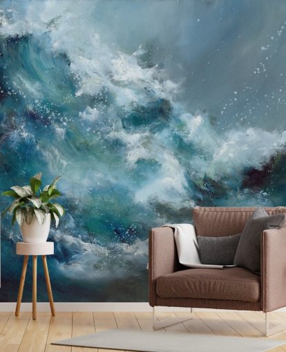 mural de papel de parede oceânico abstrato personalizado em azul e branco chamado Fountain of Life, de Alison Johnson