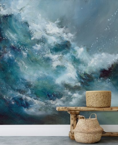 blauw-witte op maat gemaakte abstracte oceaanbehangmuurschildering genaamd Fountain of Life van Alison Johnson