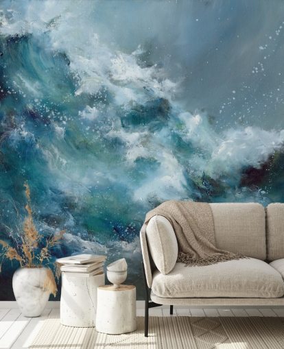 blue and white custom abstract ocean wallpaper mural called Fountain of Life by Alison Johnson