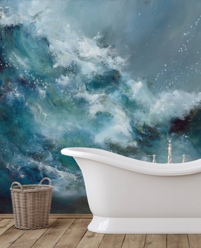 blue and white custom abstract ocean wallpaper mural called Fountain of Life by Alison Johnson