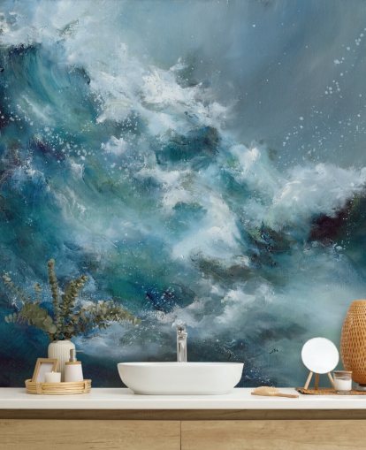 blaues und weißes kundenspezifisches abstraktes Ozeantapeten-Wandbild namens Fountain of Life von Alison Johnson