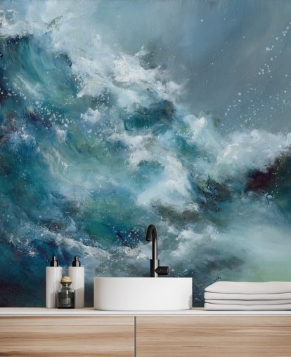 mural de papel pintado de océano abstracto personalizado en blanco y azul llamado Fountain of Life de Alison Johnson mural de papel pintado de océano abstracto personalizado en blanco y azul llamado Fountain of Life de Alison Johnson