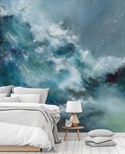 blue and white custom abstract ocean wallpaper mural called Fountain of Life by Alison Johnson