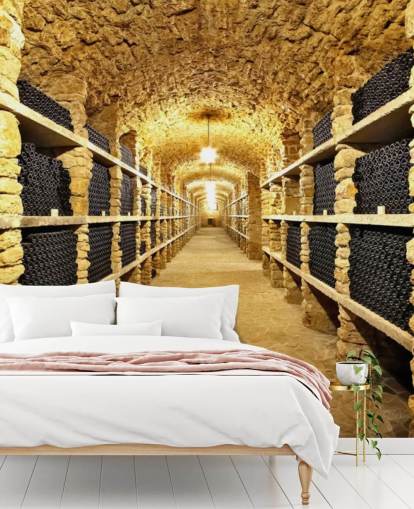 Garrafas de vinho antigas no papel de parede da adega antiga