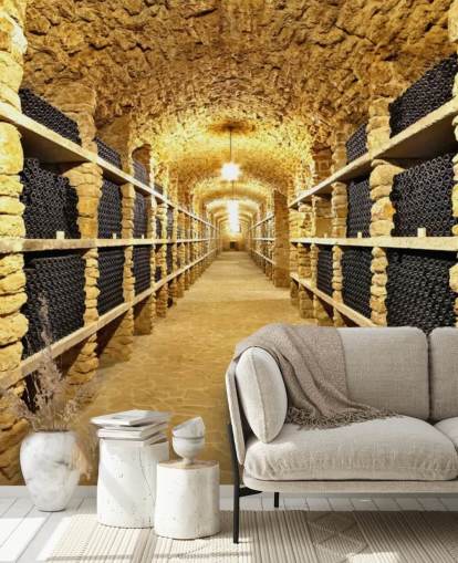 Garrafas de vinho antigas no papel de parede da adega antiga Garrafas de vinho antigas no papel de parede da adega antiga