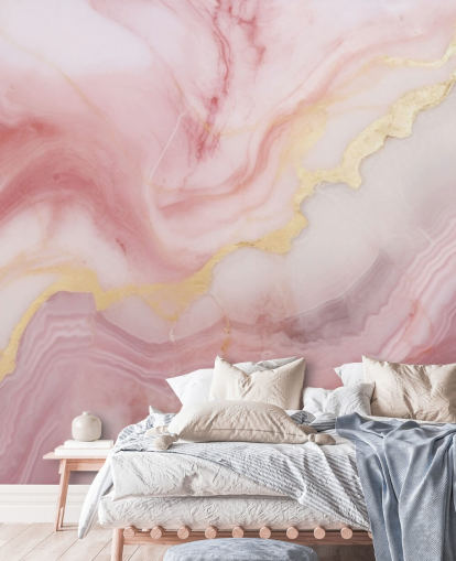 lyserød og guld marmor tapet vægmaleri kaldet Pink and Gold Marble til soveværelser og badeværelser