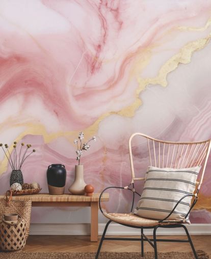 mural de papel pintado de mármol rosa y dorado llamado Mármol rosa y dorado para dormitorios y baños