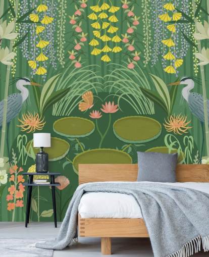 customisable green crane pond wallpaper mural called Jardin D’eau by Kate Merritt customisable green crane pond wallpaper mural called Jardin D’eau by Kate Merritt