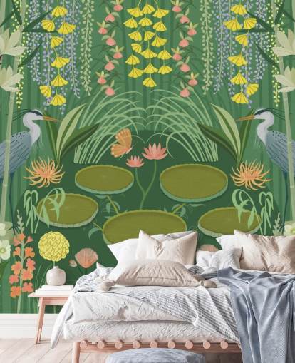 customisable green crane pond wallpaper mural called Jardin D’eau by Kate Merritt