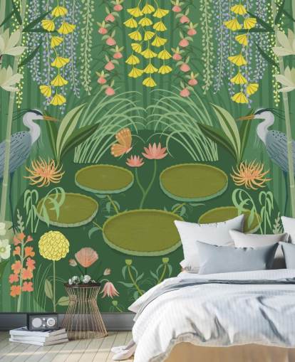 customisable green crane pond wallpaper mural called Jardin D'eau by Kate Merritt