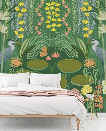 customizable green crane pond wallpaper mural called Jardin D’eau by Kate Merritt customizable green crane pond wallpaper mural called Jardin D’eau by Kate Merritt