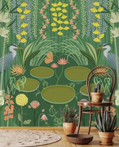 papier peint mural personnalisable en forme de grue verte appelé Jardin d'Eau par Kate Merritt papier peint mural personnalisable en forme de grue verte appelé Jardin d'Eau par Kate Merritt