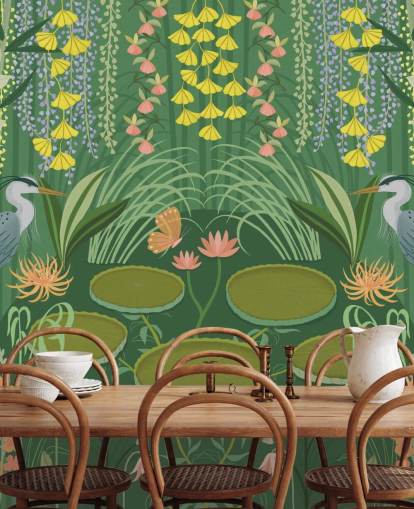 mural de papel de parede de lagoa de guindaste verde personalizável chamado Jardin d'Eau de Kate Merritt mural de papel de parede de lagoa de guindaste verde personalizável chamado Jardin d'Eau de Kate Merritt