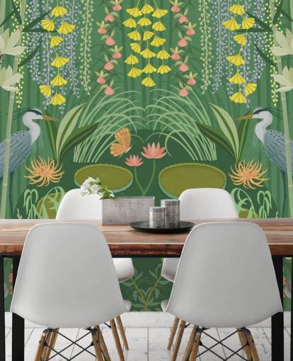 mural de papel pintado personalizable de estanque de grullas verdes llamado Jardin d'Eau de Kate Merritt