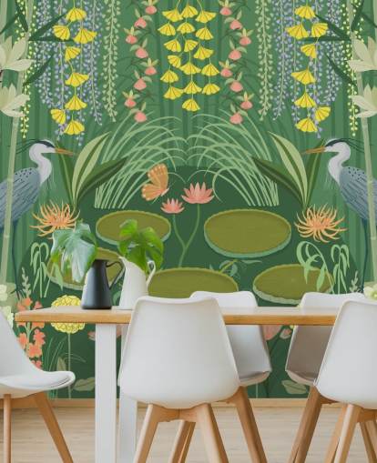 mural de papel de parede de lagoa de guindaste verde personalizável chamado Jardin d'Eau de Kate Merritt mural de papel de parede de lagoa de guindaste verde personalizável chamado Jardin d'Eau de Kate Merritt