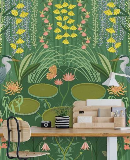 customizable green crane pond wallpaper mural called Jardin D'eau by Kate Merritt