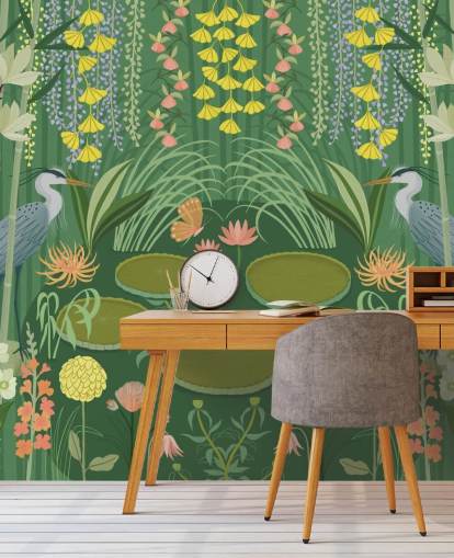 carta da parati murale personalizzabile con laghetto con gru verde chiamato Jardin d'Eau di Kate Merritt