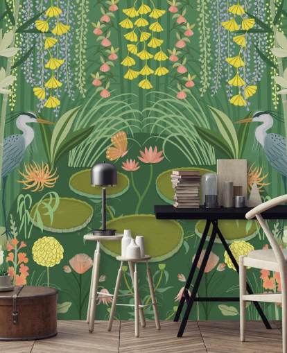 customisable green crane pond wallpaper mural called Jardin D'eau by Kate Merritt