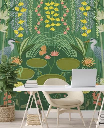mural de papel pintado personalizable de estanque de grullas verdes llamado Jardin d'Eau de Kate Merritt