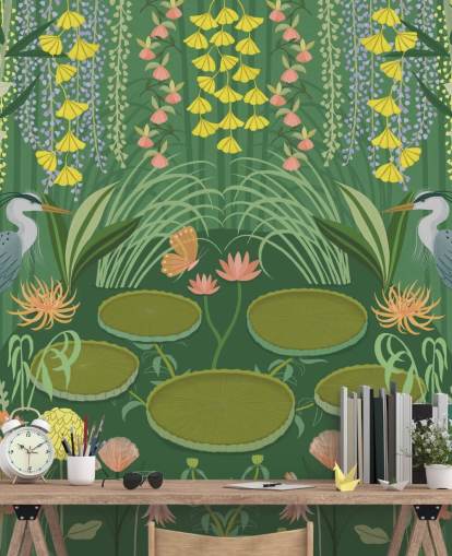 customisable green crane pond wallpaper mural called Jardin D'eau by Kate Merritt