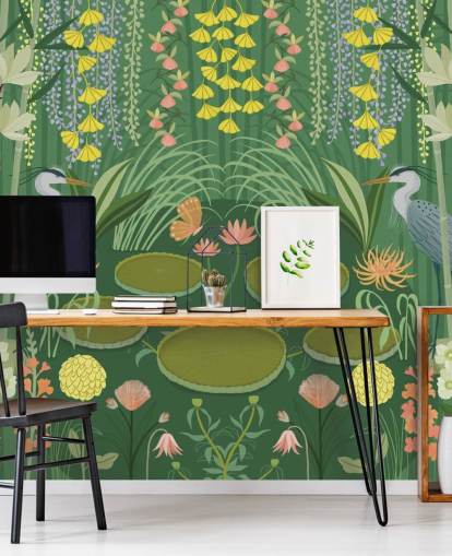 customisable green crane pond wallpaper mural called Jardin D’eau by Kate Merritt customisable green crane pond wallpaper mural called Jardin D’eau by Kate Merritt