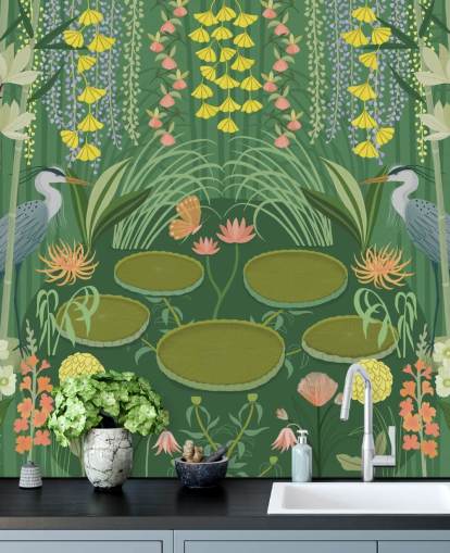 customisable green crane pond wallpaper mural called Jardin D’eau by Kate Merritt customisable green crane pond wallpaper mural called Jardin D’eau by Kate Merritt