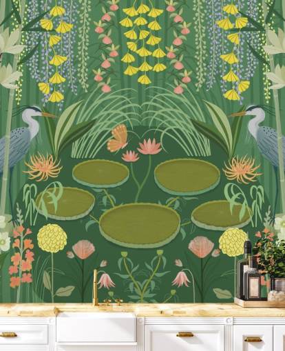 mural de papel de parede de lagoa de guindaste verde personalizável chamado Jardin d'Eau de Kate Merritt mural de papel de parede de lagoa de guindaste verde personalizável chamado Jardin d'Eau de Kate Merritt