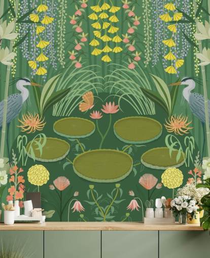 tilpasselig grøn krandam tapetmaleri kaldet Jardin d'Eau af Kate Merritt